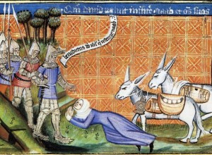 Abigail with her food-laden asses meets David, medieval manuscript