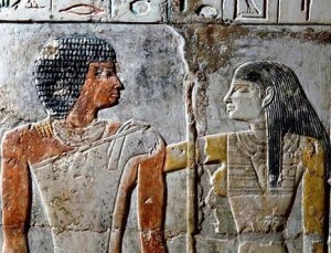 Mural with a man and woman expressing affection, a rare image in ancient Egyptian art