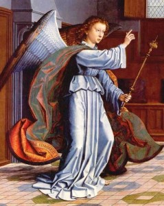 Famous painting of the Archangel Gabriel from the Cervara Altarpiece, by Gerard David