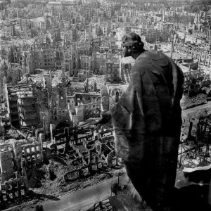 The Angel of Dresden, photograph of a statue looking out over the German city of Dresden after it had been bombed in 1945