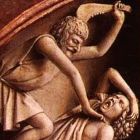 Cain murders Abel, Ghent altarpiece, detail