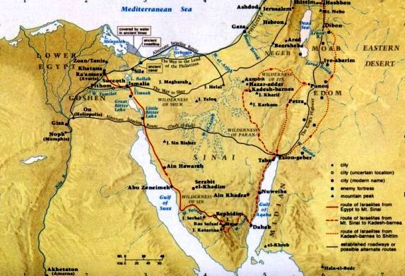 möjlig väg som Miriam och Moses tog i utvandringen från Egypten till det Förlovade landet