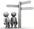 Two cartoon figures looking at a signpost