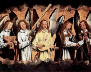 Angel Musicians playing various medieval musical instruments, painting by Hans Memling