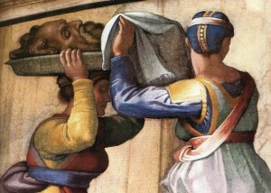 'Judith carries away the head of Holofernes', Michelangelo Buonarroti, 1508-1512, severed head on a platter