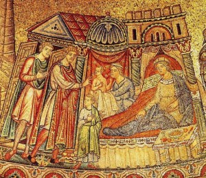 The midwife presents the second of two sons to Joseph. Basilica of San Marco