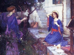 Painting of the Angel Gabriel and Mary, by William Waterhouse