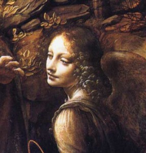 Leonardo da Vinci, detail from Madonna of the Rocks showing the angel guarding Mary and the child Jesus