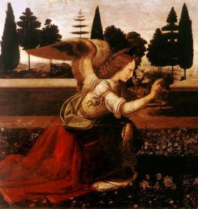 The Annunciation, Leonardo da Vinci, detail of the Angel