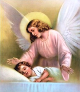 The Guardian Angel watches and protects a sleeping child