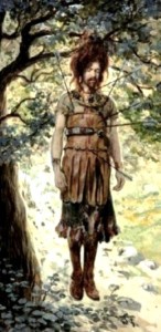 The death of Absalom, painting by James Tissot; Absalom's body hangs from the tree in which his hair was caught