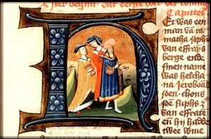 Elkanah and his wives, illuminated letter