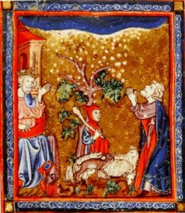 Medieval manuscript showing the damage to foliage and livestock caused by heavy hail