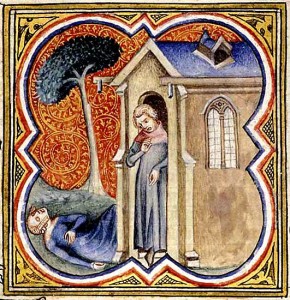 The Levite finds the dead concubine on the steps of the house, medieval manuscript illustration