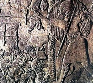 Assyrian wall relief showing a pile of severed heads; this barbarism seems to have been common practice in the ancient Middle East