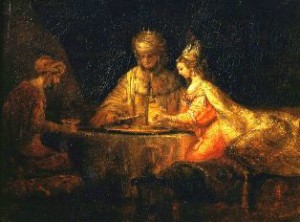 Rembrandt, Ahasaurus, Haman and Esther at the banquet