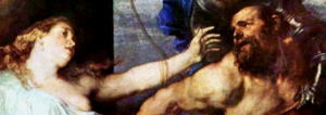The moment of betrayal: Samson realizes it is Delilah who has betrayed him to the Philistines. Detail from Van Dyck painting