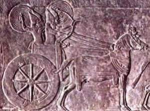 Large-wheeled chariot, Assyrian, with armed warriors