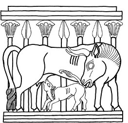Drawing of ancient image of the goddess Ishtar suckling her calf