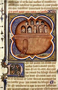 Paintings of Noah and the Ark, the Ark of Noah drifting on the water, Illustrator Petrus Comestors Bible Historials France