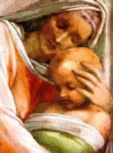 Ruth and Naomi in Bible Paintings: Detail of Michelangelo's fresco in the Sistine Chapel, showing Ruth and Obed
