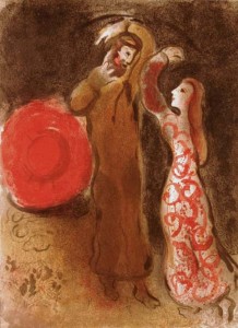 Ruth and Naomi in Bible Paintings: Ruth and Boaz Meet, Marc Chagall, Bible Art Gallery: paintings from the Old and New Testaments