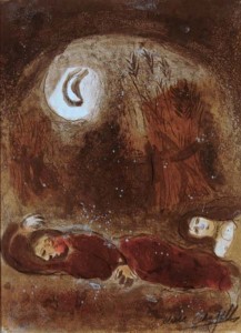 Ruth and Naomi in Bible Paintings: Ruth at the feet of Boaz, Marc Chagall, Bible Art Gallery: paintings from the Old and New Testaments