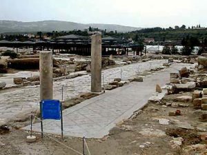 Excavated street pavement and columns in the ancient city of Sepphoris