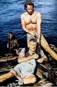 Ben Hur saves a Roman aristocrat from drowning at sea in the film 'Ben Hur'