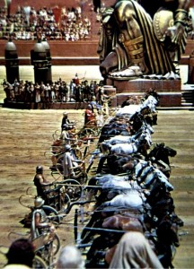 The starters line up for the great race in the film 'Ben Hur'