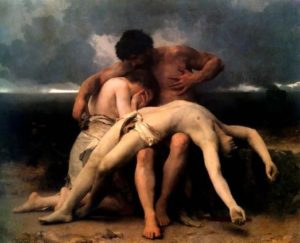The First Mourning, Bouguereau, 1888; painting shows Adam and Eve mourning the death of their young son