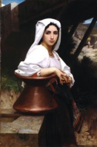 A young girl waiting with a water jug. Painting by Adolphe Bouguereau