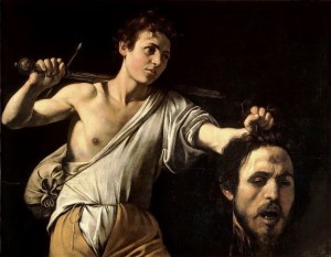 David and Goliath, by Caravaggio; notice the bruise on Goliath's forehead where the stone from the sling has struck