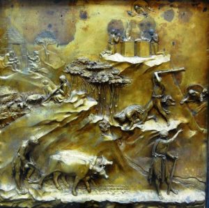Ghiberti's panel shows the whole story as a sequence of events
