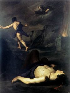 Contrast the skin tones of the two male bodies: Cain, fleeing, has living flesh, but Abel already has a luminous pale quality as he lapses into Death. This luminosity dominates the canvas. He seems to have been killed by a sharp blow to the head; his beautiful body is unmarred. God appears above the sacrificial altar, speaking his judgement against the first murder and the first fratricide.