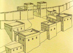 Reconstruction of the walls and gate surrounding the ancient city of Megiddo; the walls around Jerusalem were probably similar, though larger