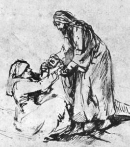 Jesus heals the mother-in-law of Peter, Rembrandt sketch