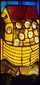 German stained glass window of Noah and his family; window now in St Petersburg