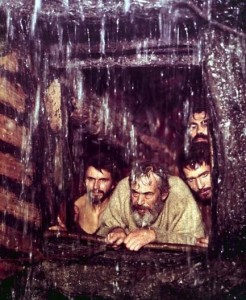Noah and his sons peer out from the Ark in 'The Bible'