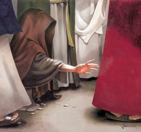 The woman, with her face hidden, reaches out to touch the hem of Jesus' garment