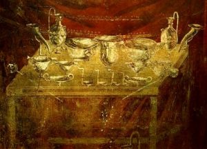 A selection of luxurious tableware from a painting excavated at Pompeii