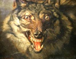 Painting of a wolf with open jaws