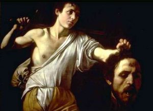 David holds up the head of Goliath, painting by Caravaggio