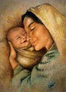 Young happy mother with her newborn baby, painting
