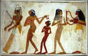 Egyptian musicians with lyres and harps, both mentioned in the Bible story