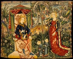 Medieval tapestry depicting the meeting of the Queen of Sheba and King Solomon