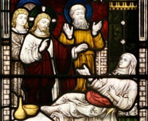 Jesus heals the mother-in-law, stained glass window