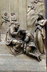 Isaac blesses his son, detail from the Isaac panel, Ghiberti's 'Gates of Paradise' Florence