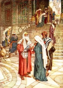 Entrance to the Women's Court in the Temple of Jerusalem; painting shows Mary presenting Jesus at the Temple