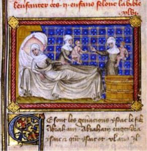 Manuscript page showing Rebecca resting after the birth of twin sons. Illustration is from Jean de Mandeville's 'Mandeville's Travels'